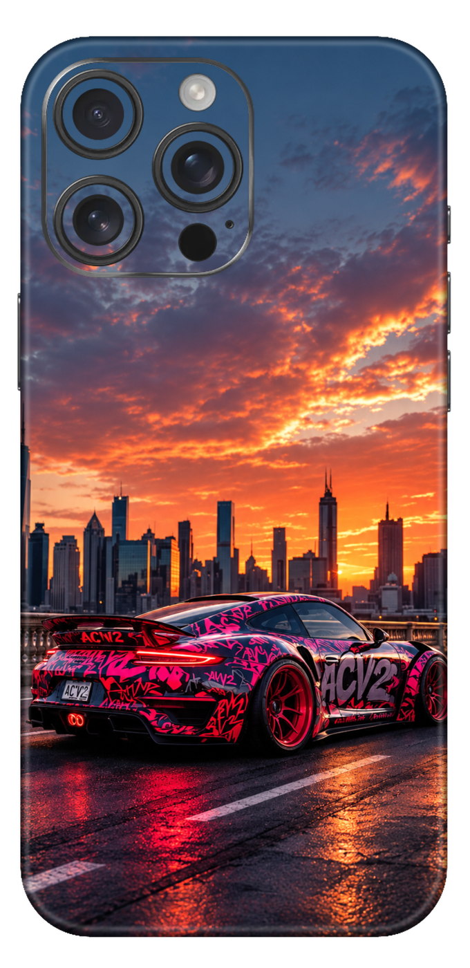 Graffiti Porsche Beneath A Fiery Skyline Mobile Skin