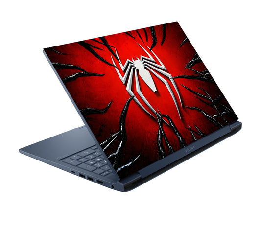 Metallic Spider Emblem In Crimson Cracks Laptop Skin